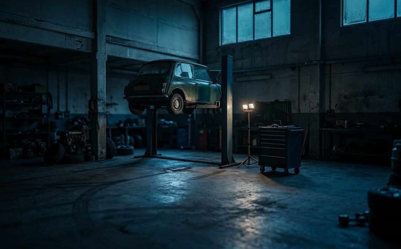 An independent garage workshop at the end of the day, a car raised on a lift beside a work light