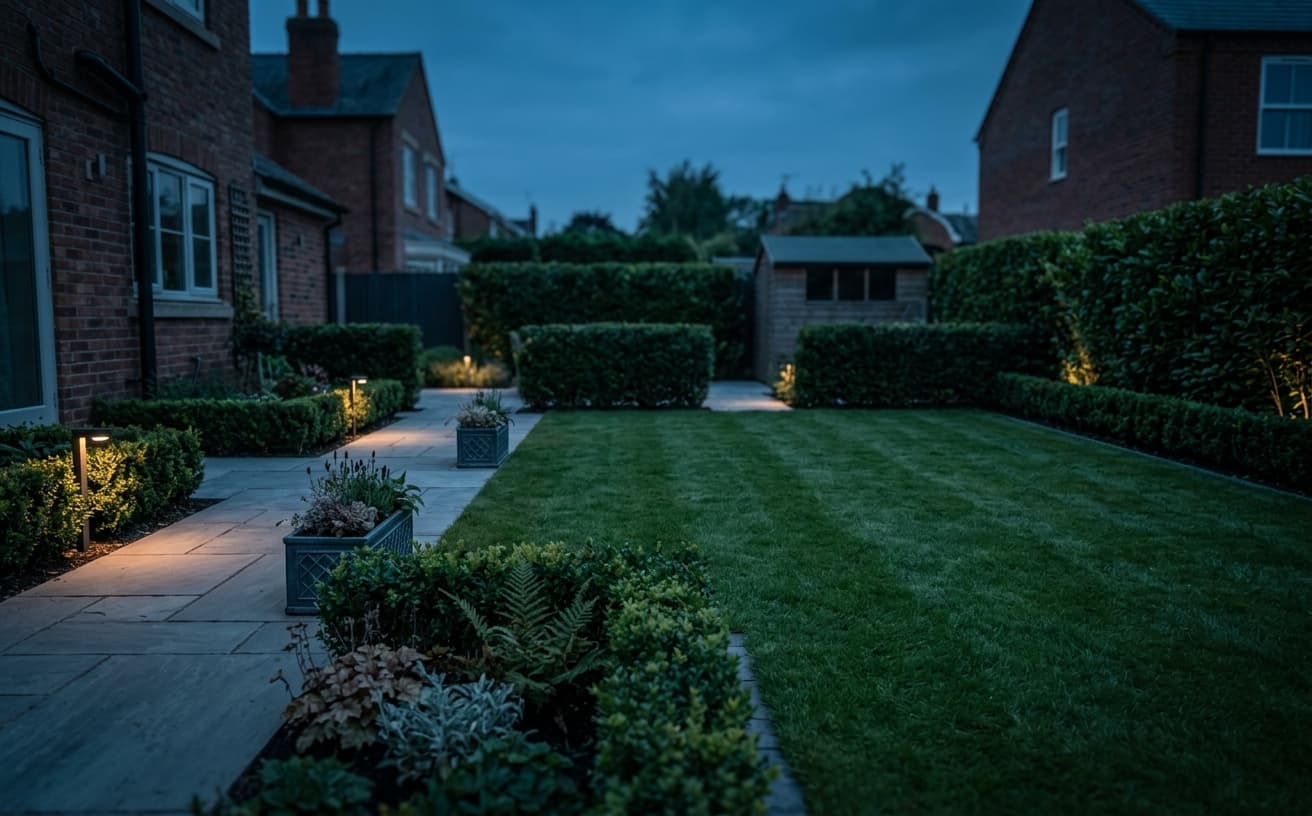 A newly finished back garden at dusk, fresh striped turf and stone patio with low garden lighting