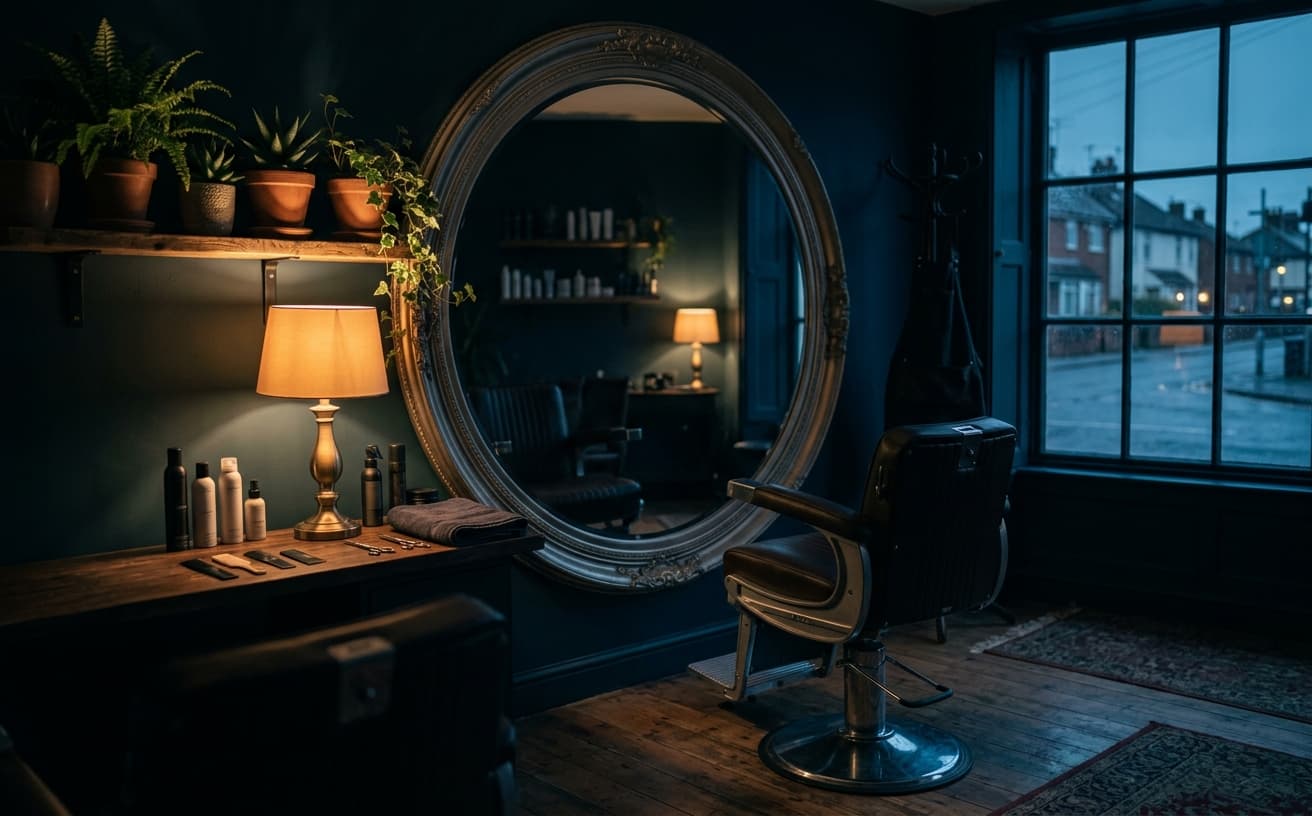 A small hair studio after closing, single styling chair beside a large round mirror