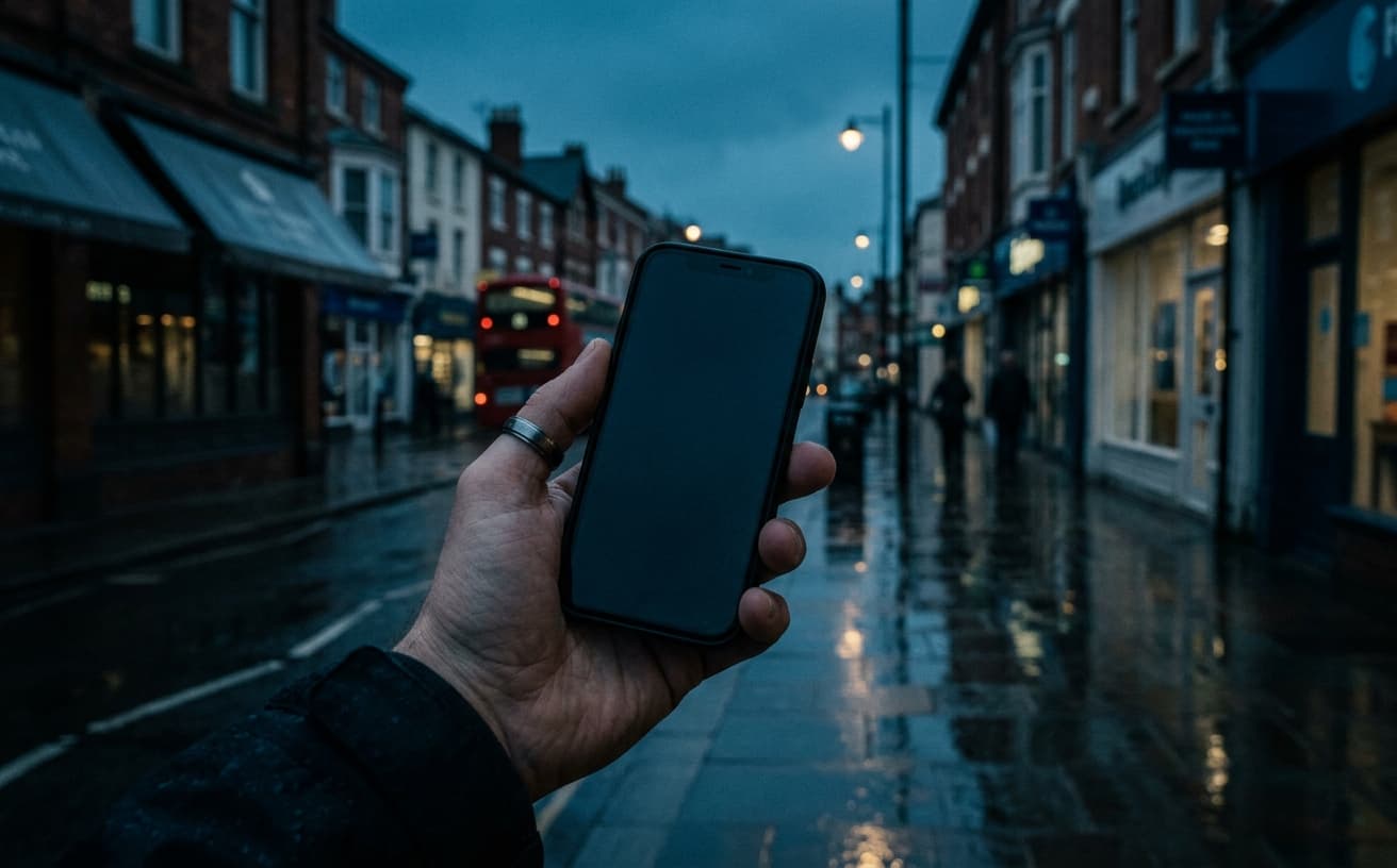 A phone held up against a rain-soaked high street at dusk