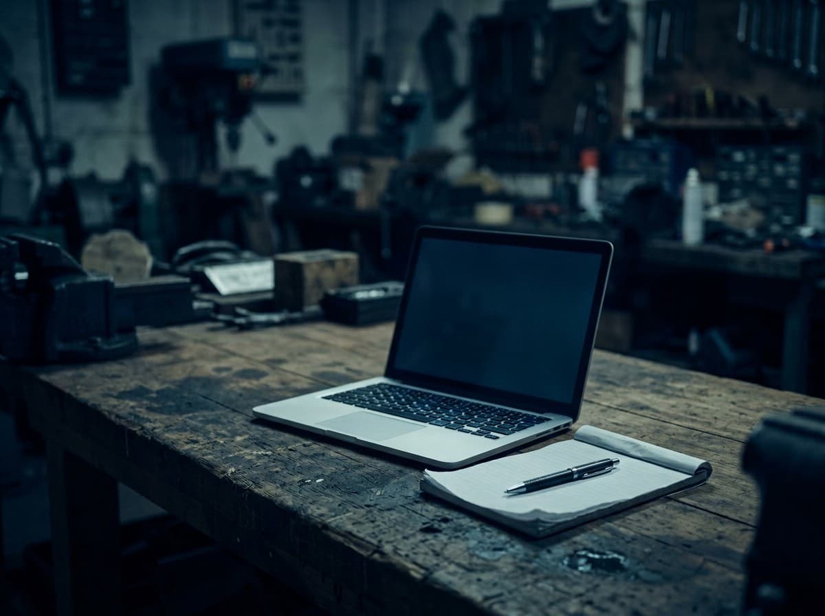 A laptop with a blank screen open on a worn workbench in a workshop, notepad and pen alongside